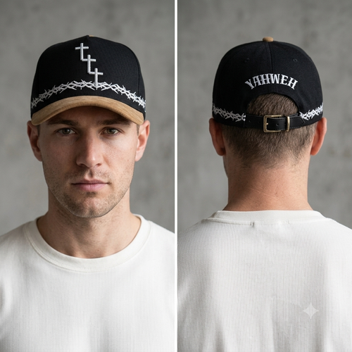 YAHWEH Snapback Cap - White male model front and back