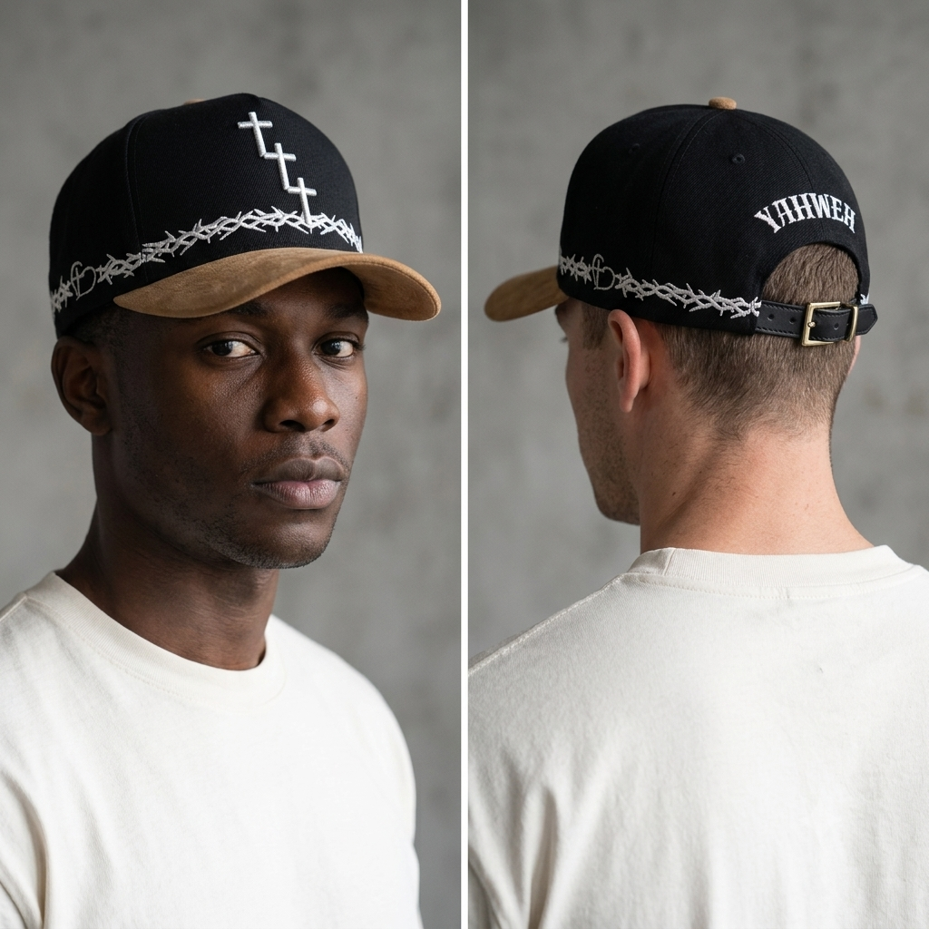 YAHWEH Snapback Cap - Black male model front and back